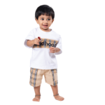 Trendy Boys Cotton T-Shirt + Plaid Panel Shorts Outfit - Image 2