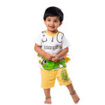 Dinosaur Printed Half Sleeve Top + Shorts Set - White & Yellow - Image 2