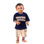 Trendy Cotton Summer Outfit for Boys – Navy T-Shirt + Plaid Detail Shorts - Image 2