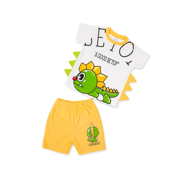 Dinosaur Printed Half Sleeve Top + Shorts Set - White & Yellow