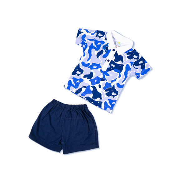 Trendy Camouflage Print Polo Top with Navy Shorts