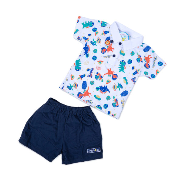 Cute Dino Printed Polo Top with Navy Shorts