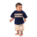 Trendy Cotton Summer Outfit for Boys – Navy T-Shirt + Plaid Detail Shorts - Image 4