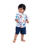 Cute Dino Printed Polo Top with Navy Shorts - Image 4