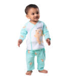 Soft Bamboo Cotton Front-Open Velcro Nightwear Set – Bear Print - Aqua Green - Image 2