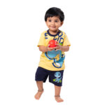 Dinosaur Printed Half Sleeve Top + Shorts Set - Yellow Navy - Image 2