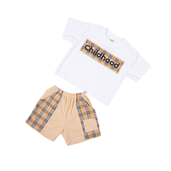 Trendy Boys Cotton T-Shirt + Plaid Panel Shorts Outfit