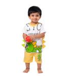 Dinosaur Printed Half Sleeve Top + Shorts Set - White & Yellow - Image 4