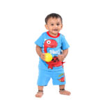 Dinosaur Printed Half Sleeve Top + Shorts Set - Blue & Red - Image 4