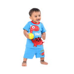 Dinosaur Printed Half Sleeve Top + Shorts Set - Blue & Red - Image 2