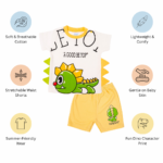 Dinosaur Printed Half Sleeve Top + Shorts Set - White & Yellow - Image 12