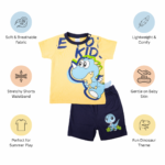 Dinosaur Printed Half Sleeve Top + Shorts Set - Yellow Navy - Image 10