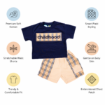 Trendy Cotton Summer Outfit for Boys – Navy T-Shirt + Plaid Detail Shorts - Image 10