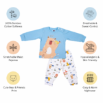 Premium Bamboo Cotton Full Sleeves Top & Full Pajama Set – Cute Animal Print - Soft Blue - Image 10