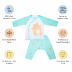 Soft Bamboo Cotton Front-Open Velcro Nightwear Set – Bear Print - Aqua Green - Image 10