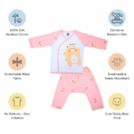 Soft Bamboo Cotton Front-Open Velcro Nightwear Set – Bear Print - Baby Pink - Image 11